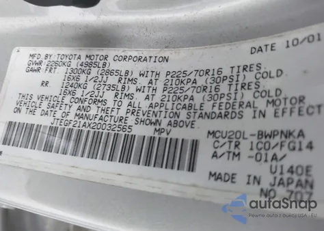 2002 Toyota Highlander V6 (A4) z USA, uszkodzony, nr VIN JTEGF21AX20032565